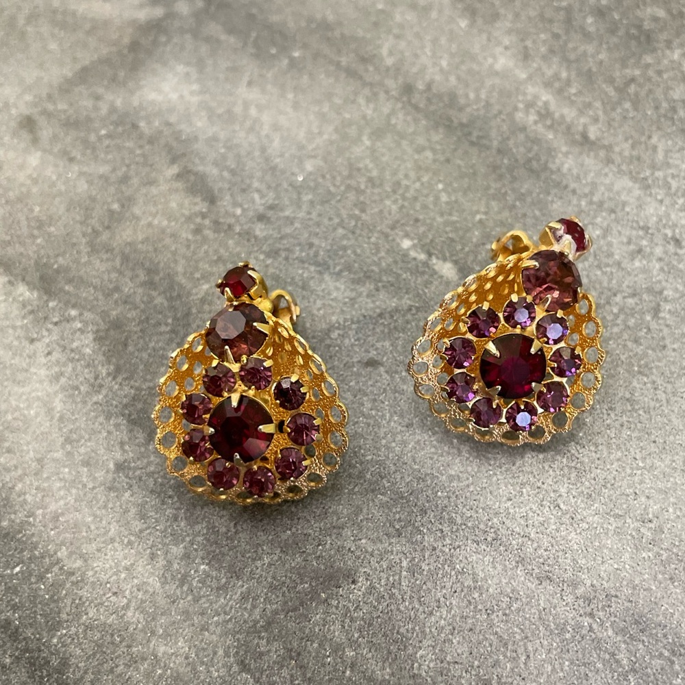 Vintage Gold Purple Red Crystal Clip On Earrings